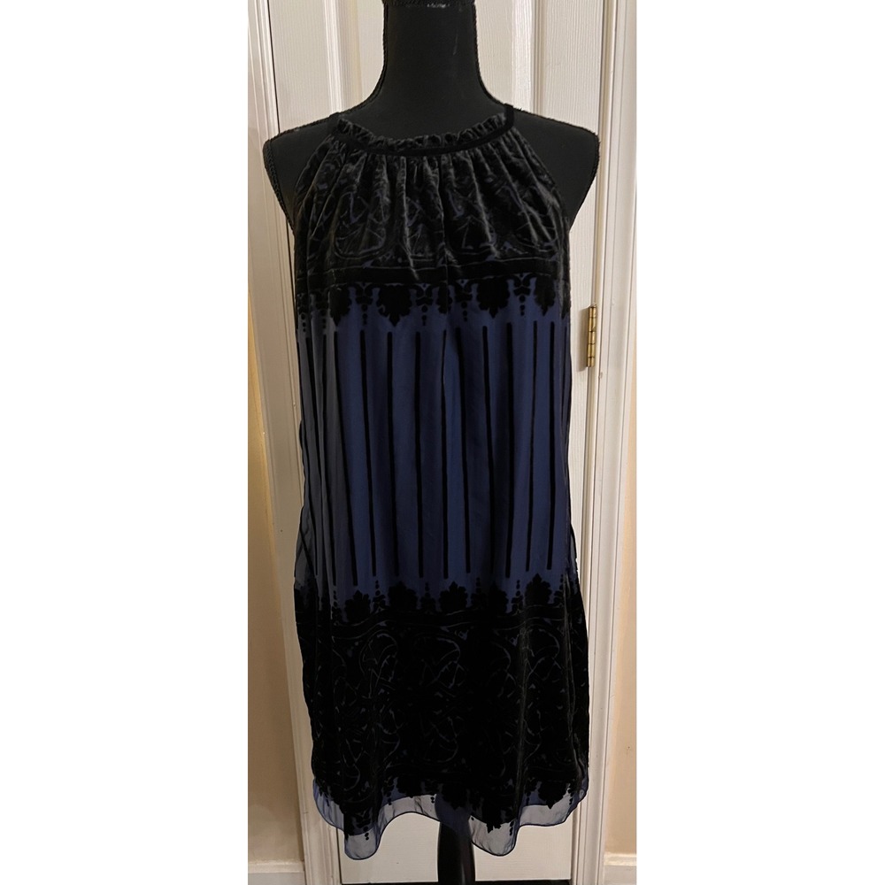 Max Studio Navy Blue Black Burnout Velvet Halter Shift Dress Size M 7909V58
